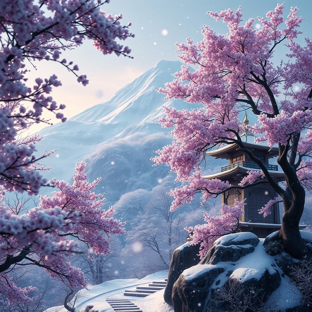 Snowflakes Falling in Yoshino: Detailed Matte Painting