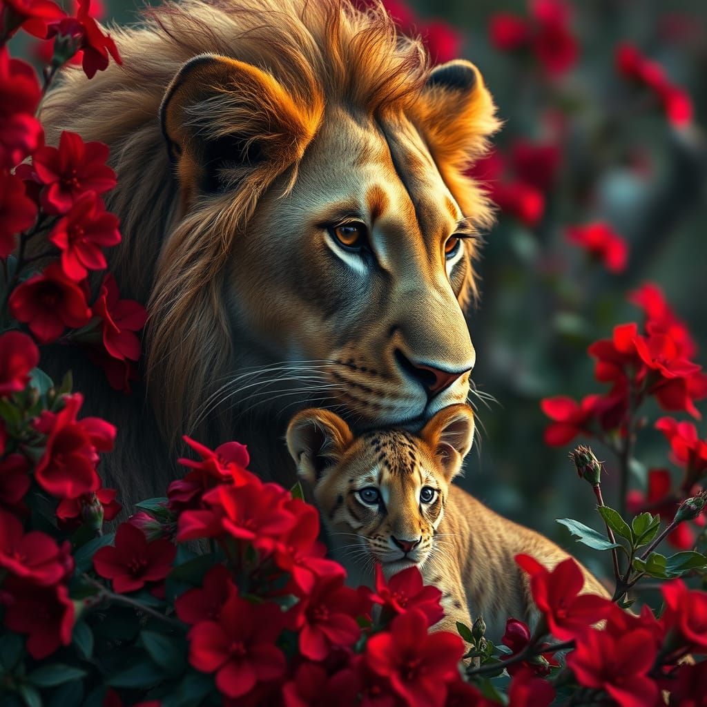 Lioness and Cub in Deep Red Flowers