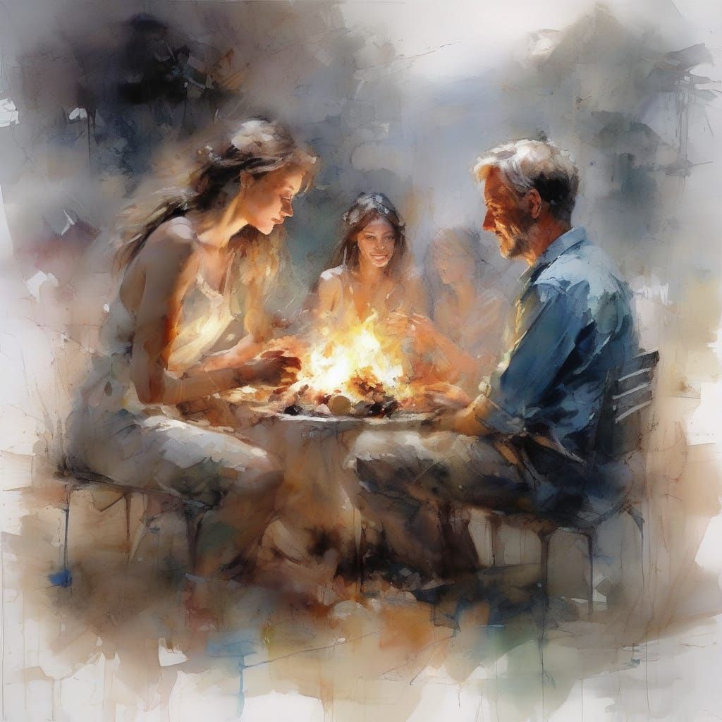 Bonfire on Moonlit Beach in Hyperrealistic Style