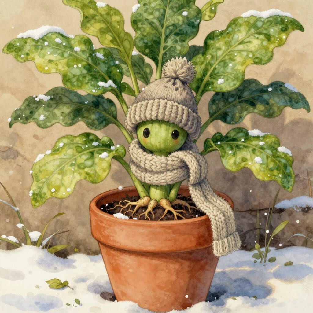 Mandrake Plant Bundled Up in Snowy Scene