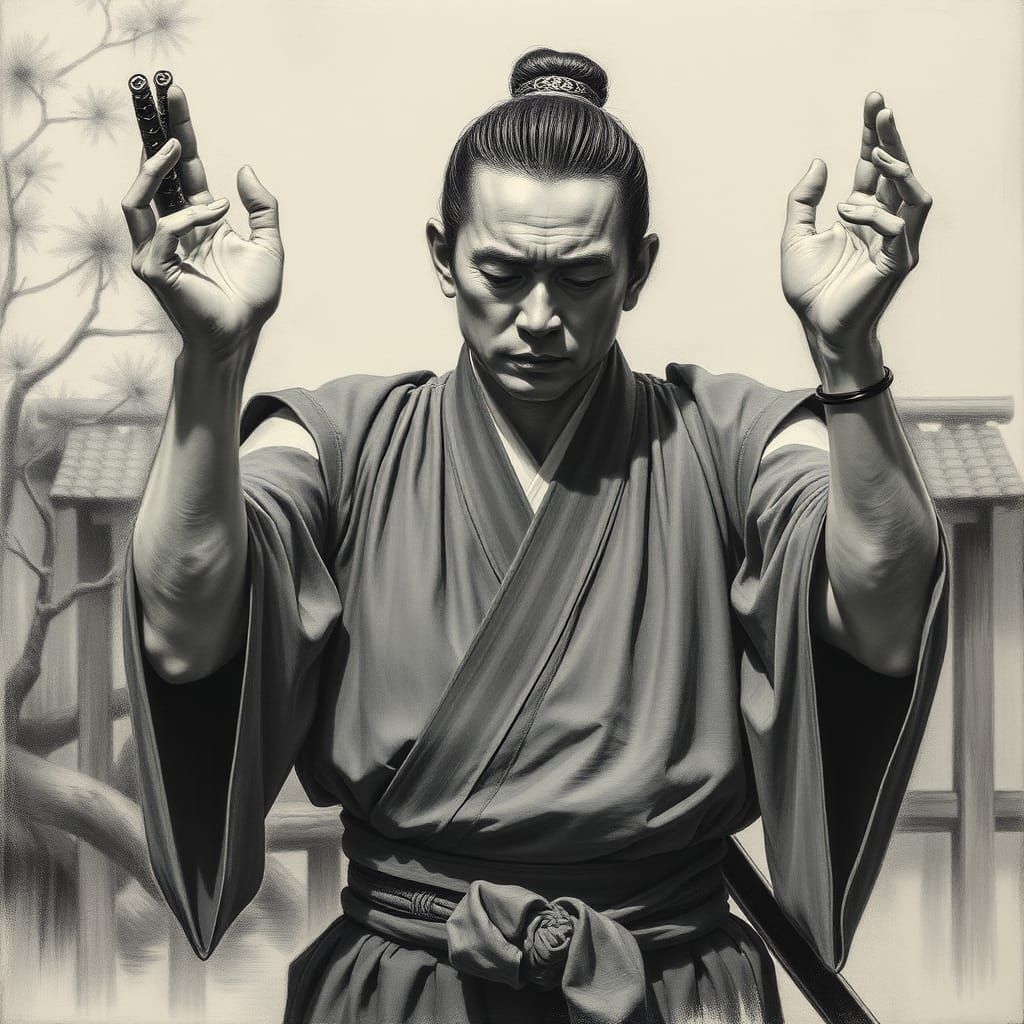 Samurai Warrior in Zen Garden as Oil Painting