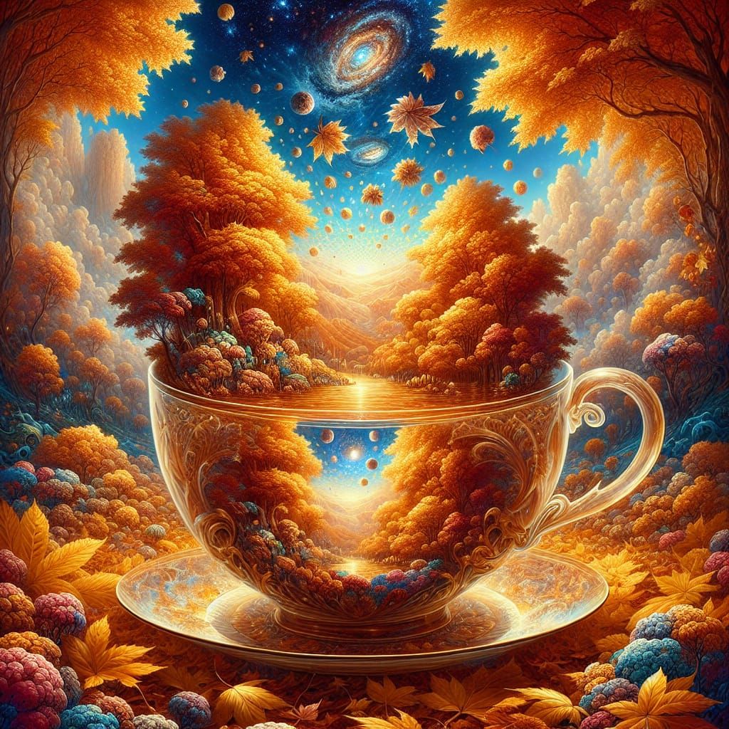 Starlit Autumn Landscape in Crystal Teacup