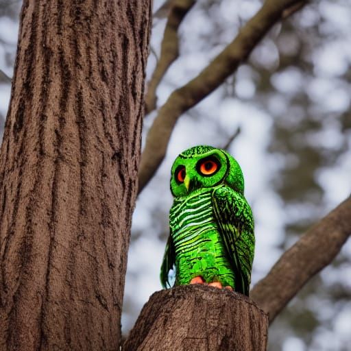 Three-Eyed Green Owl with Demon Wings
