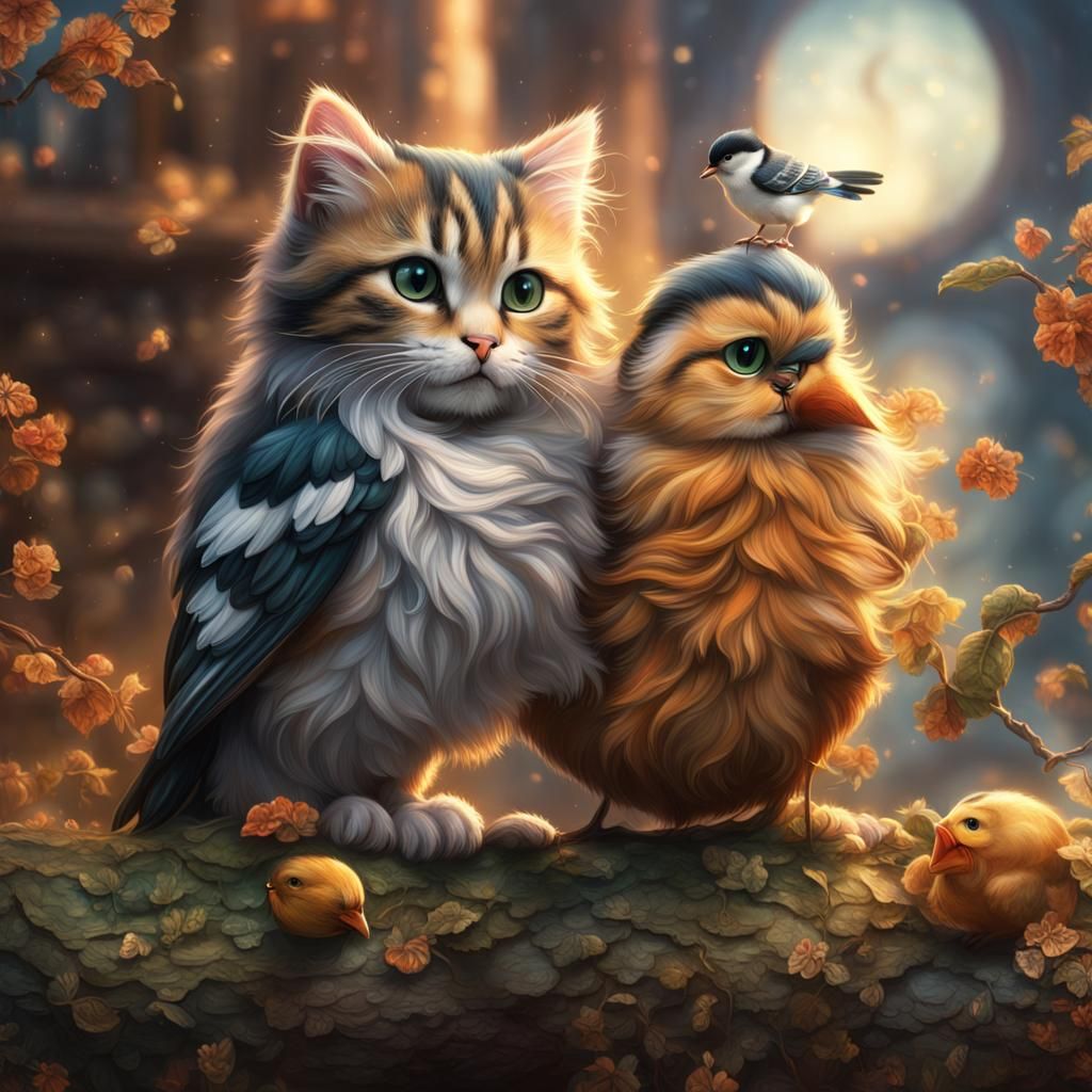 Calico Kitten and Chickadee: Digital Matte Painting