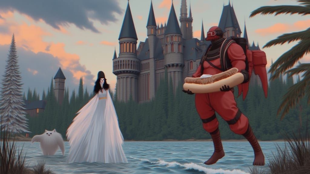 Elf Princess with Cat Before Castle at Twilight