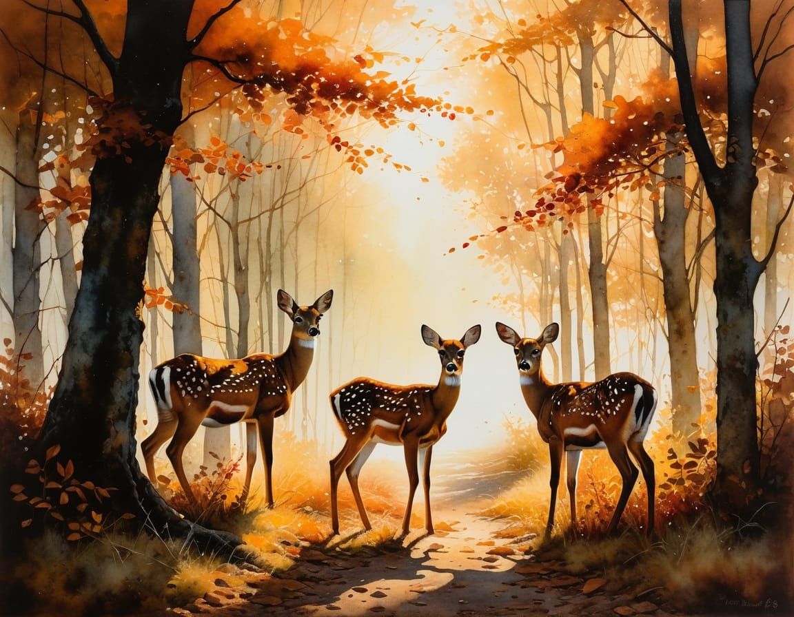 Impressionist Fawns in Autumnal Light