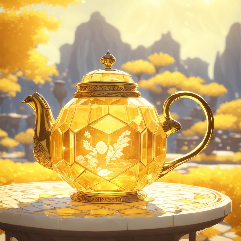 Crystal Teapot with Sunlit Landscape in Anime Style