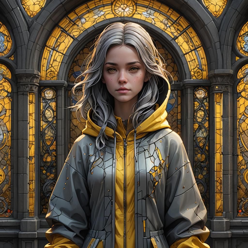 Stained Glass Girl in Yellow Hoodie