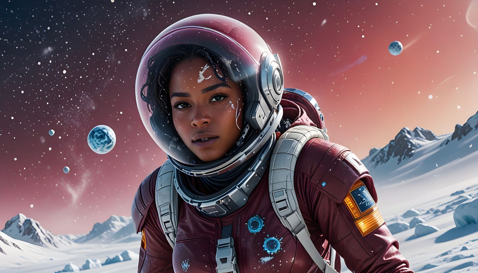 Sudanese Woman Astronaut Running on Snowy Planet in Blizzard