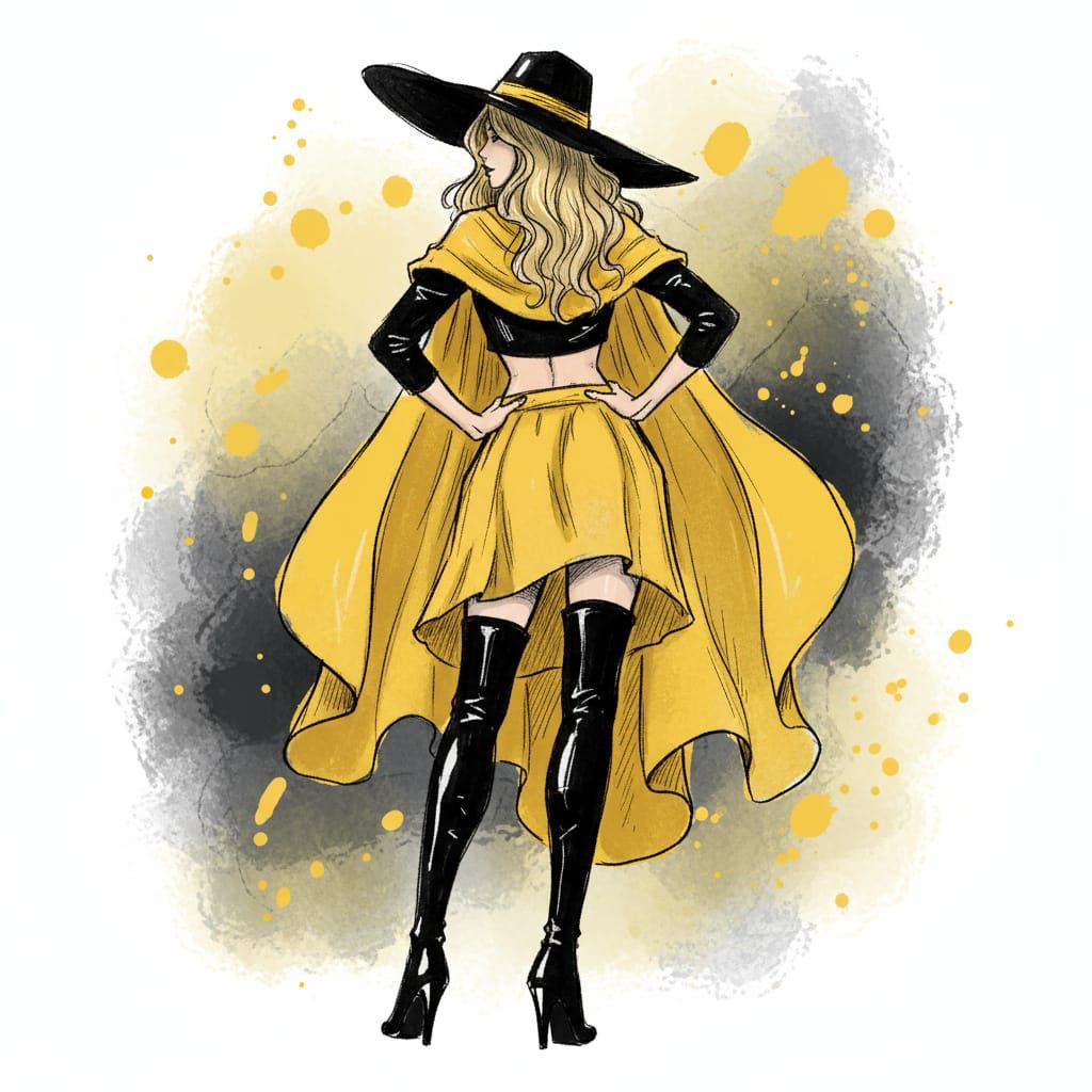 Woman in Yellow and Black Outfit with Wide Brim Hat