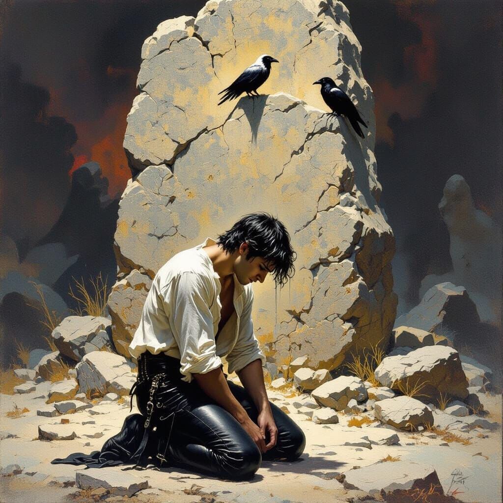 Man Weeping Before Ancient Dolmen