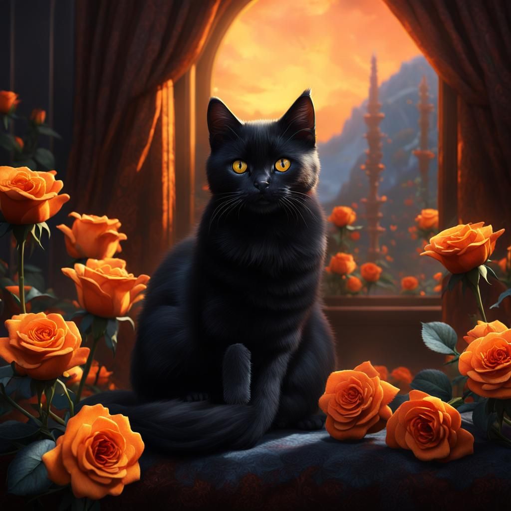 Black Kitten Among Orange Roses, Detailed Matte Painting