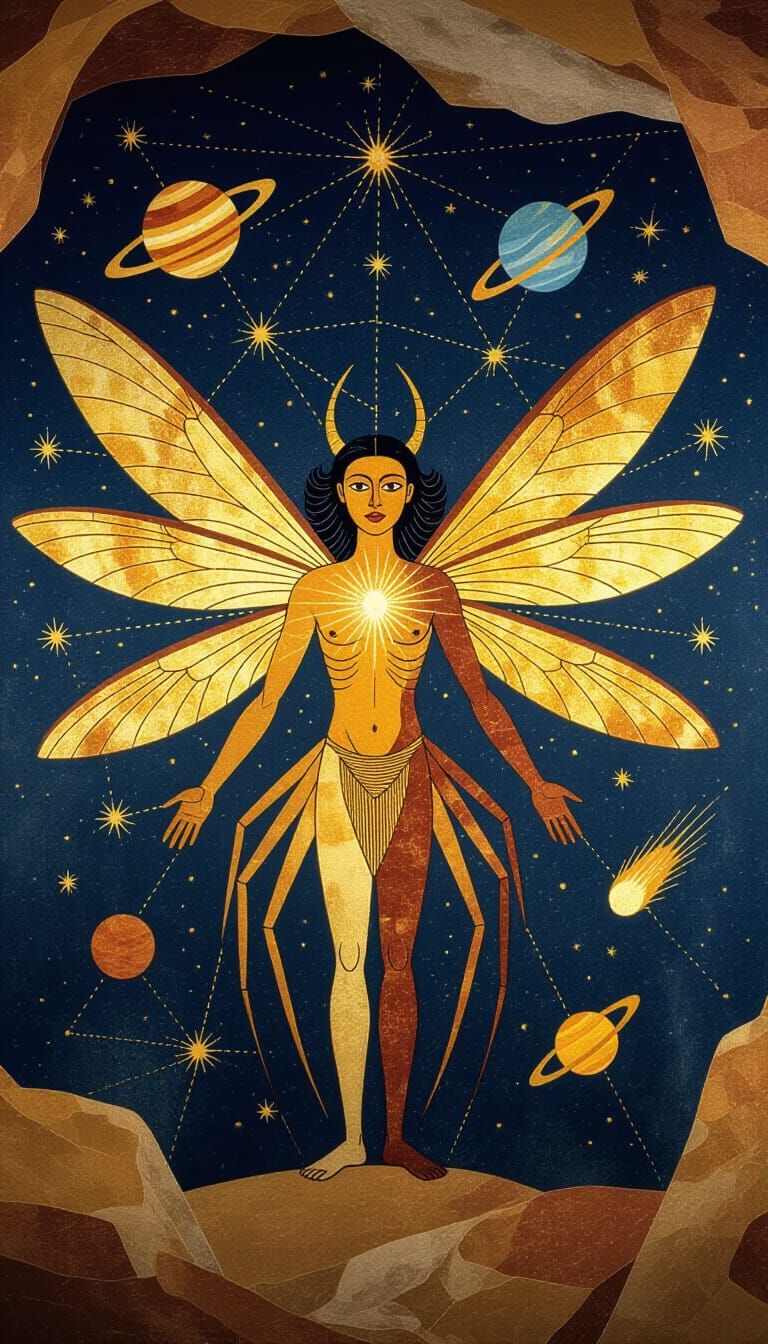 Ancient Cave Painting of Celestial Spider-Winged Being