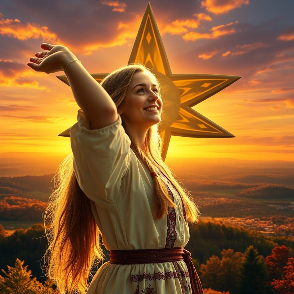 Moravian Woman Reaching for Bethlehem Star at Sunset