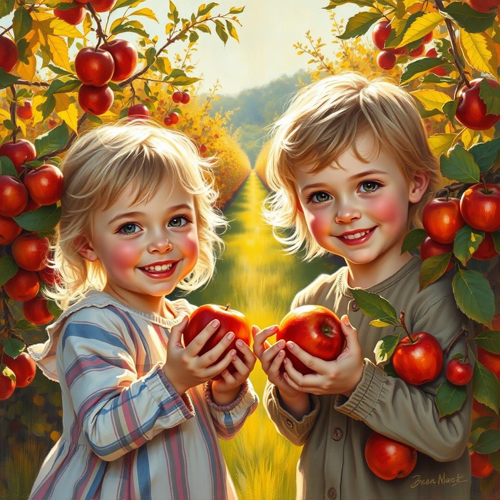 Children Picking Apples in Golden Autumn Orchard Oil Paintin...