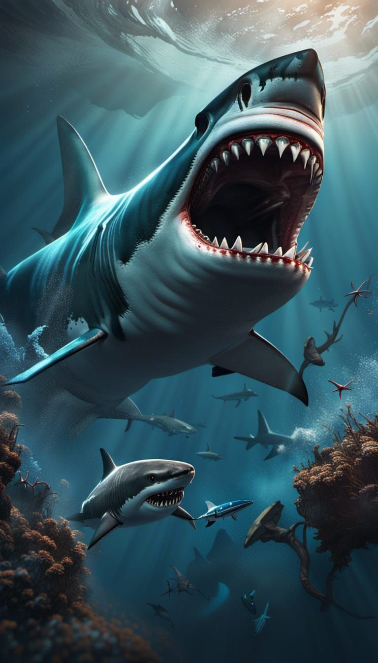 Megalodon Eats Shark: Detailed Matte Painting