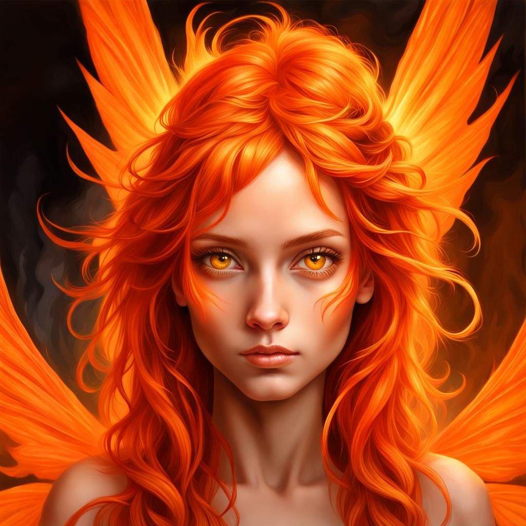 Orange Fire Fairy Portrait in Volumetric Lighting