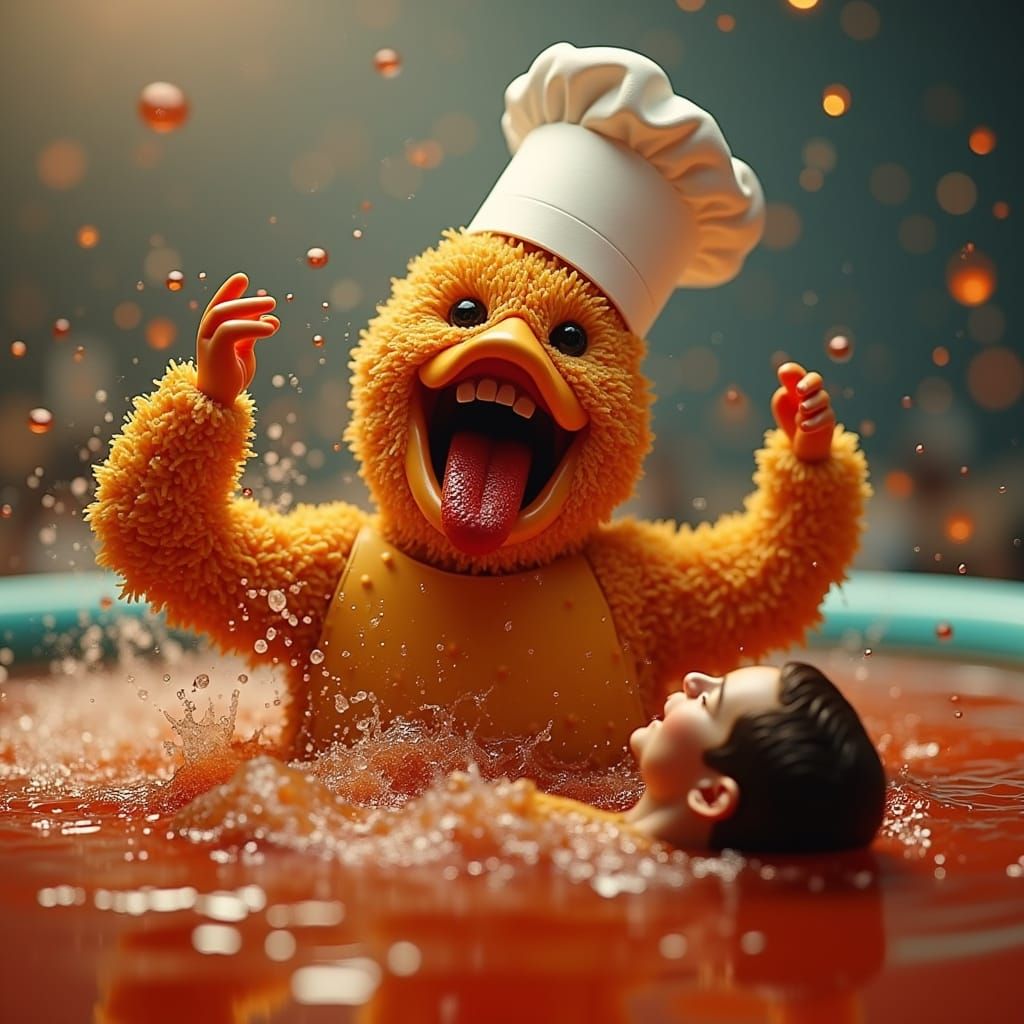 Anthropomorphic Chicken Nugget Devouring Human, Hyper-Realis...