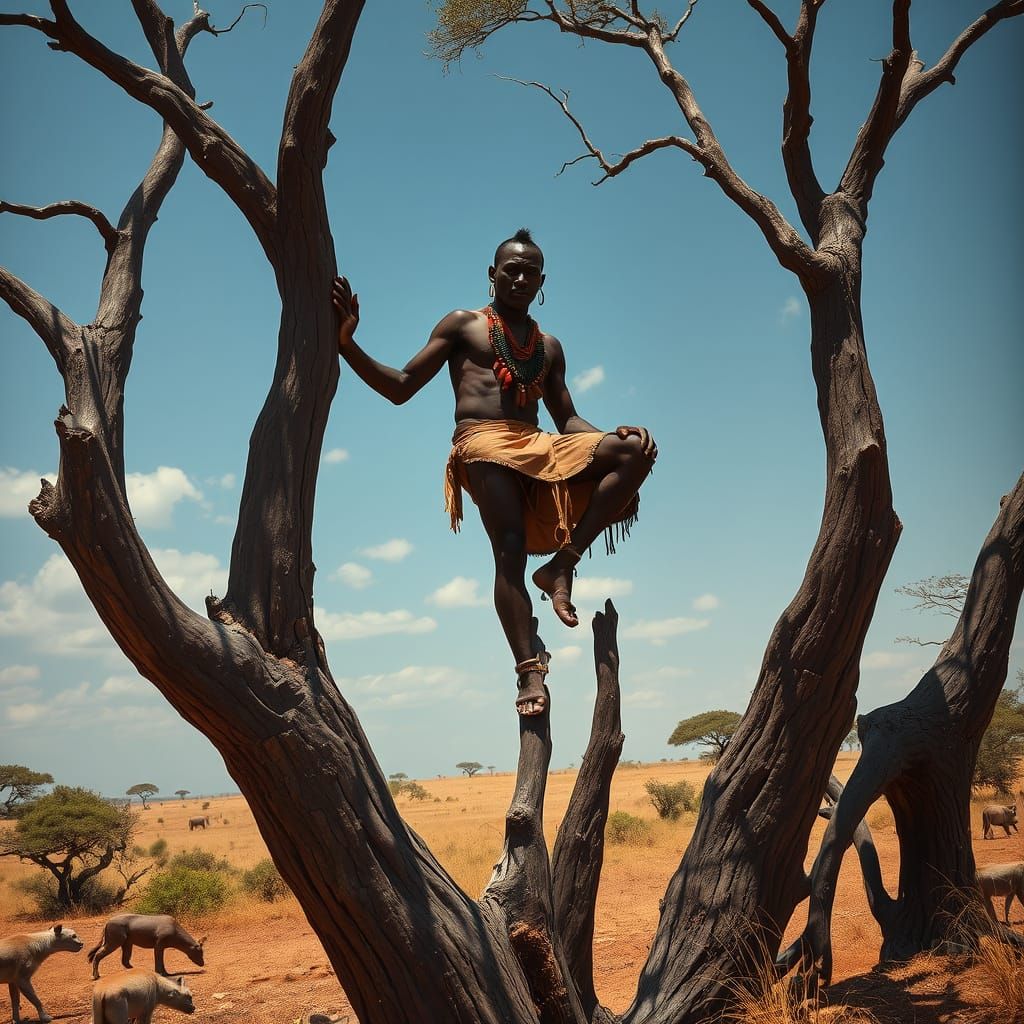 Himba Man in Savannah Tree: A Dramatic Scene
