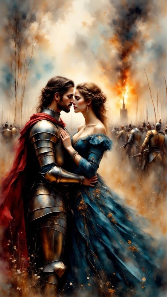 Medieval Knight and Lady Before Kiss, Dramatic Scene