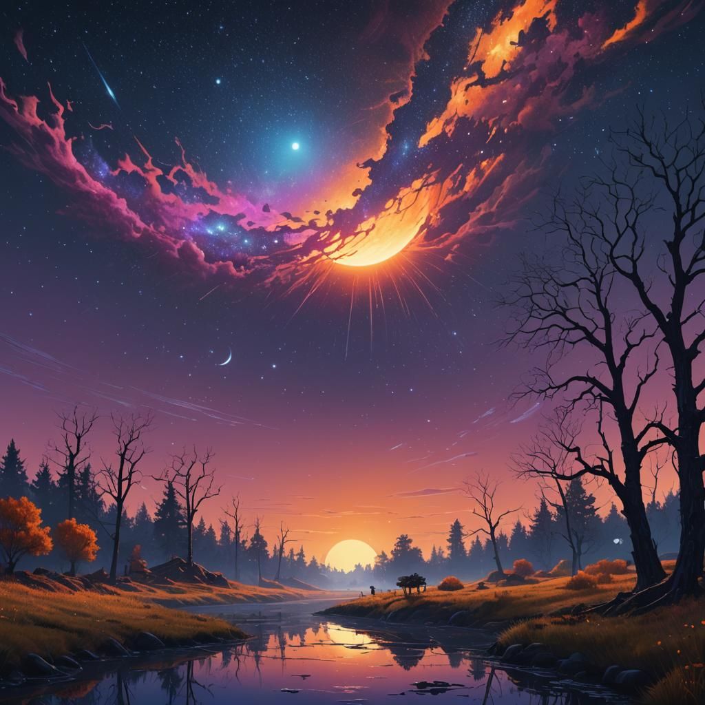 Dreamlike Apple Landscape at Night: Fantasy Concept Art