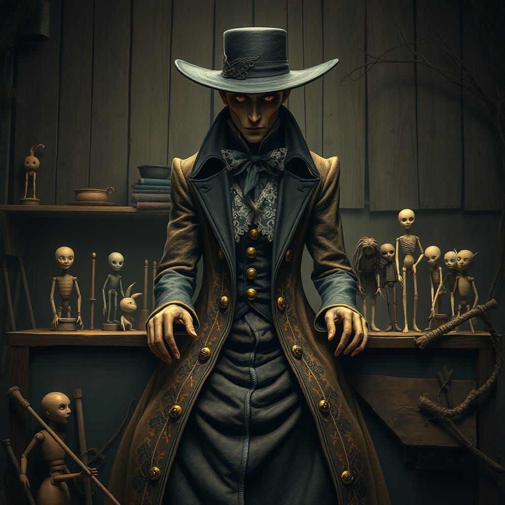 Mysterious Marionette Maker in Whimsical Style