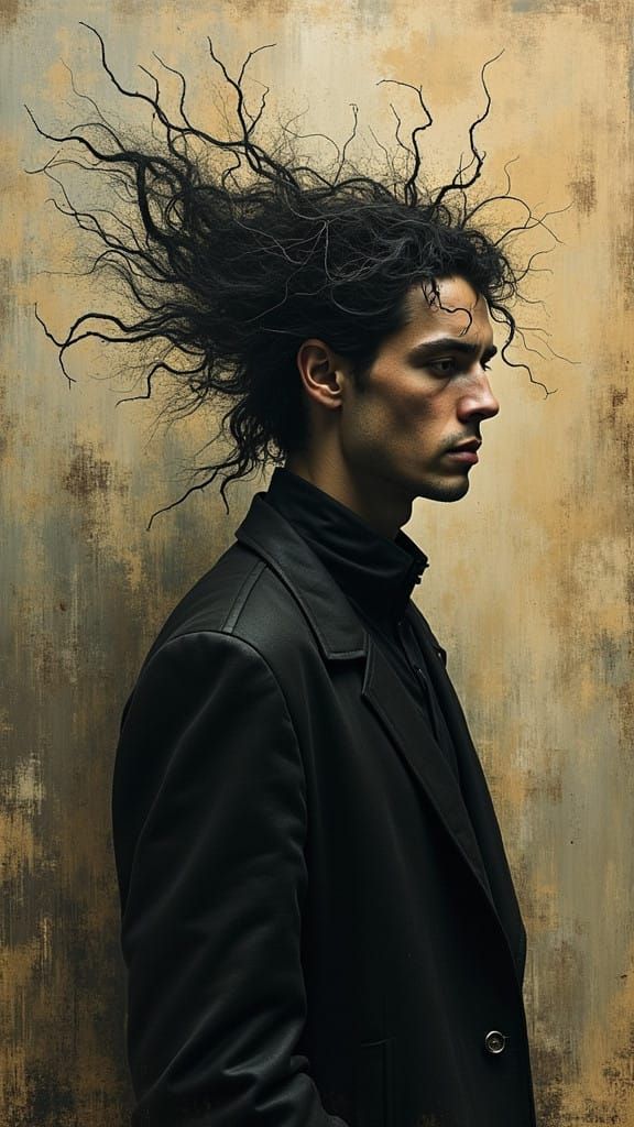 Contemplative Figure Lost in Turmoil