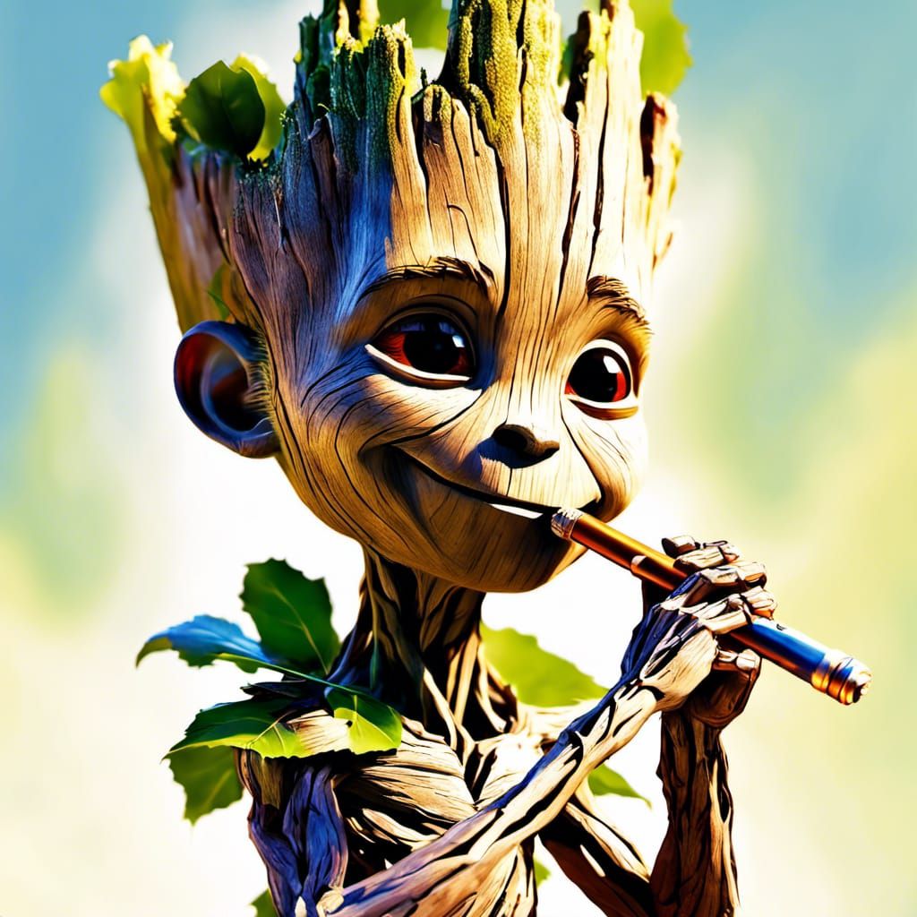 Groot Plays Flute: Digital Illustration in Pixar Style