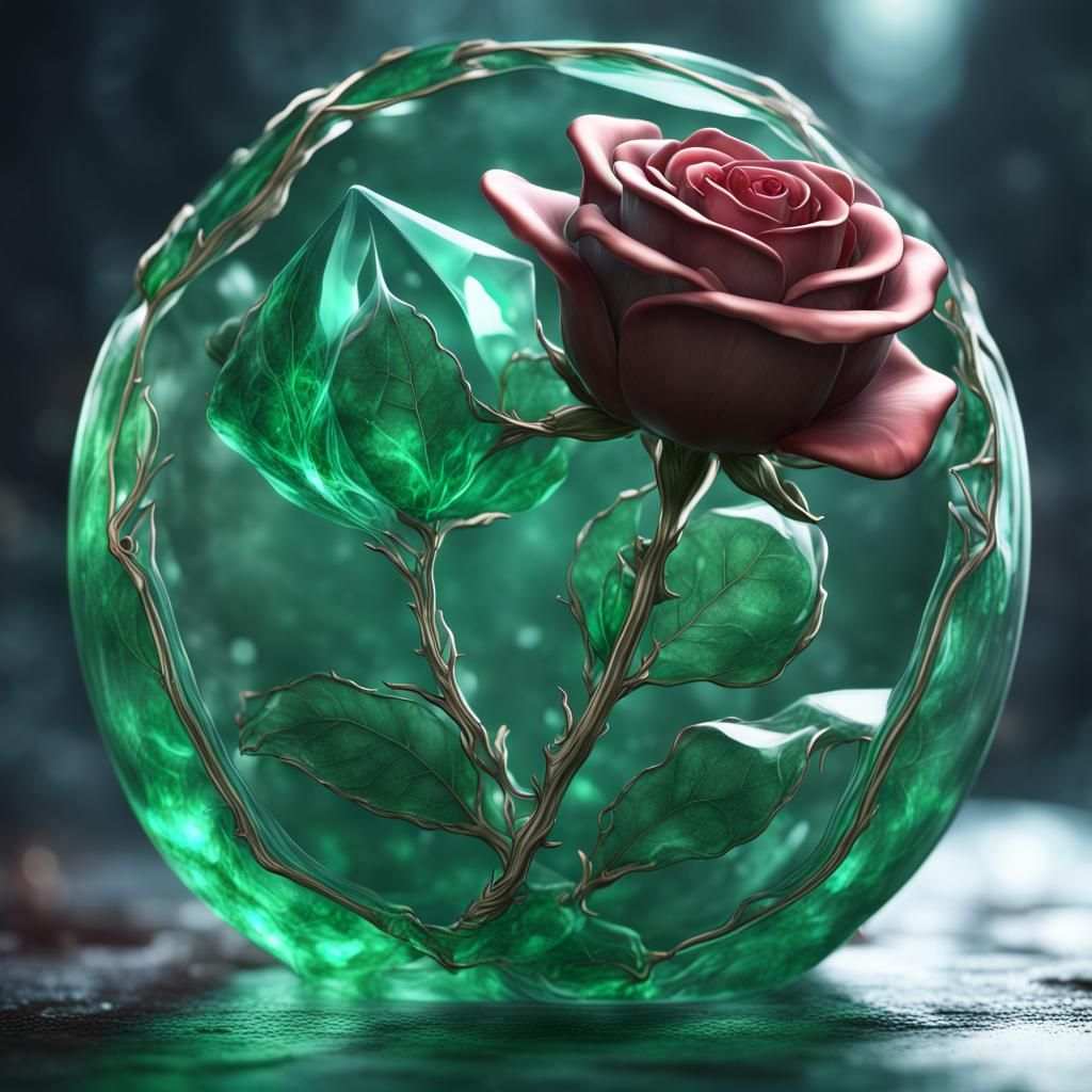 Delicate Emerald Glass Rose, Detailed Digital Painting