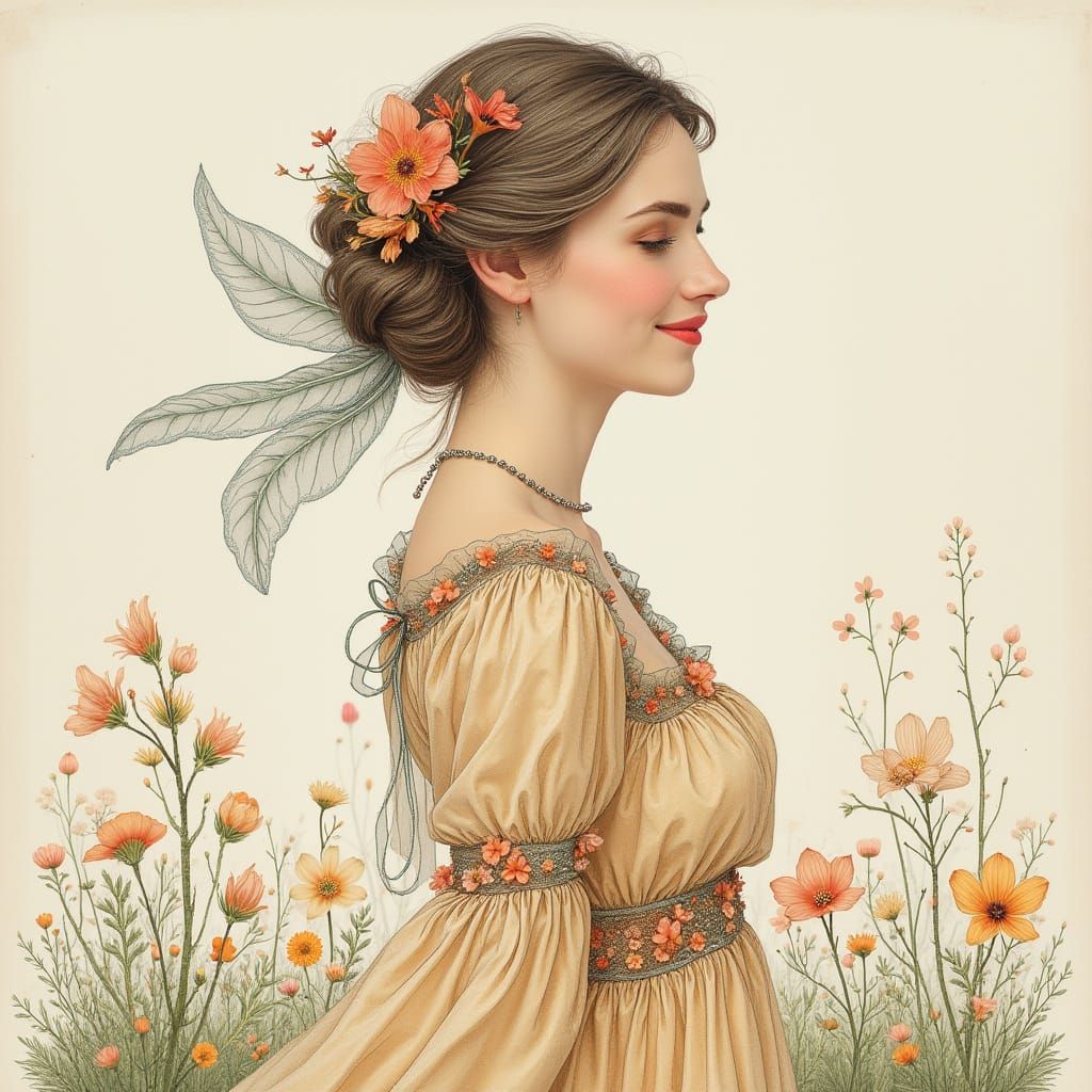 Smiling Woman with Floral Scarf in Dreamlike Style