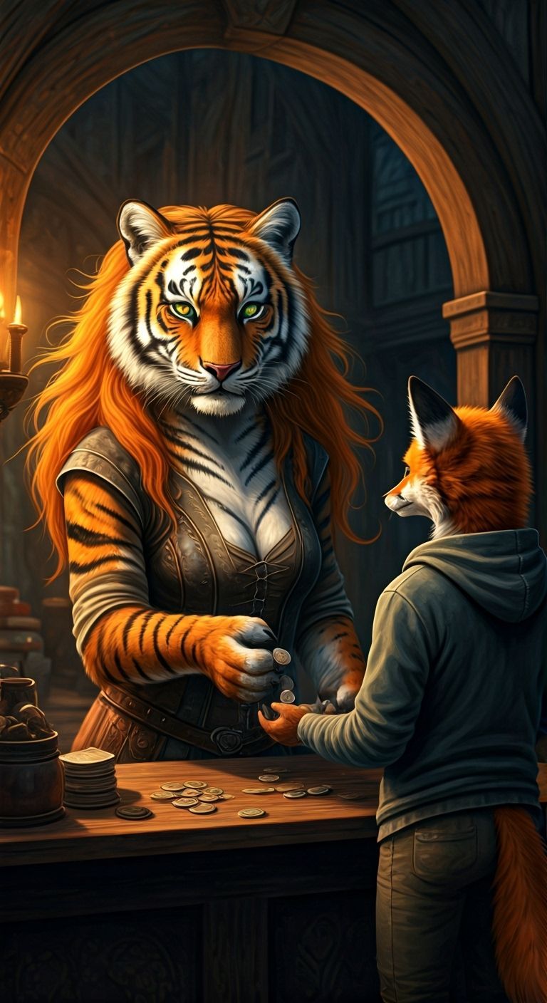 Tigress Khajiit on Medieval Street with Fox Customer