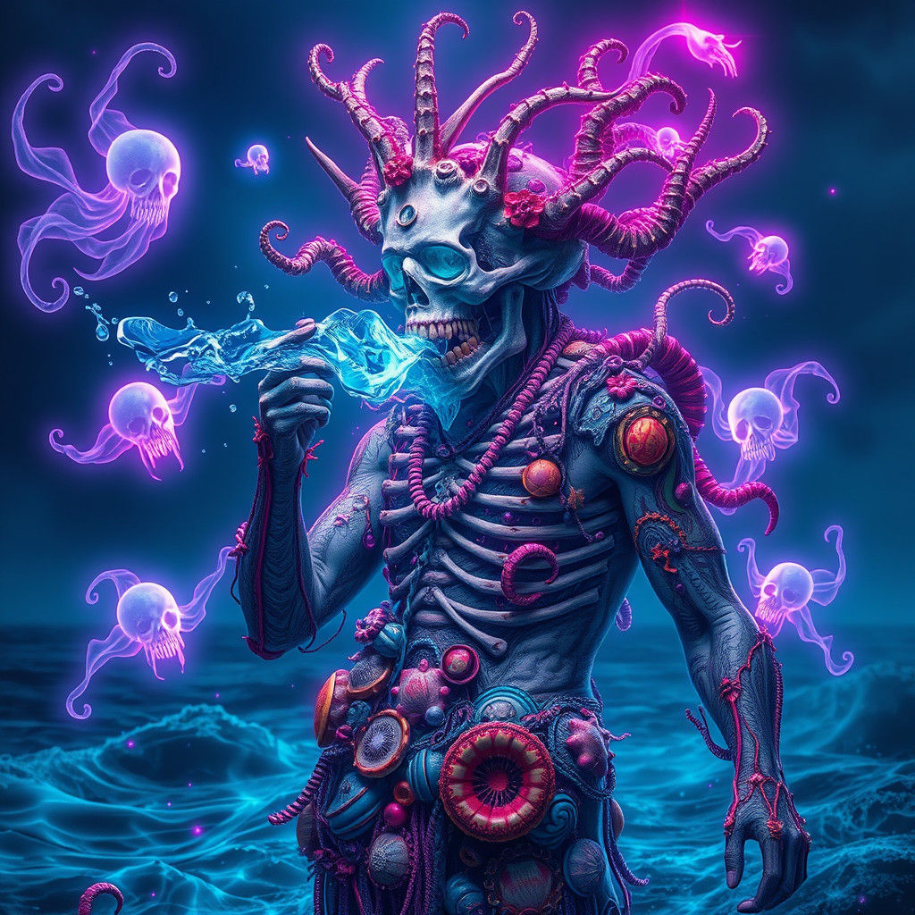 Neon Sea God Summons Spirits in Dark Fantasy Style