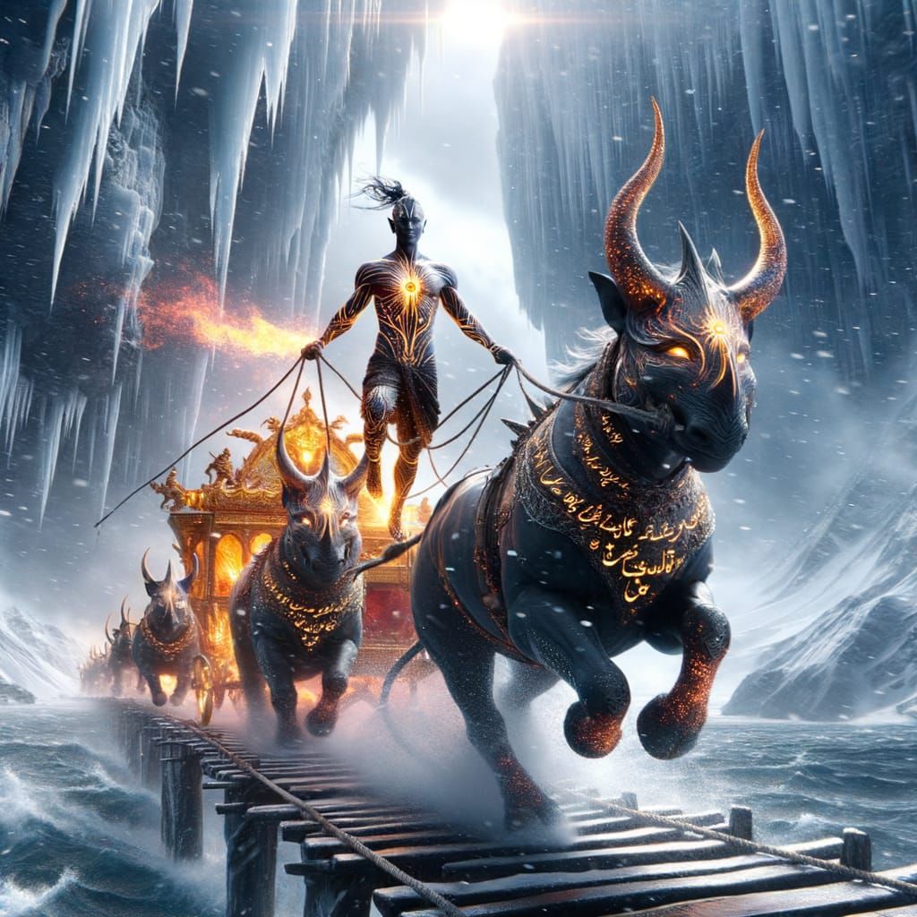 Golden Warrior Tames Fiery Chariot on Glacier Bridge