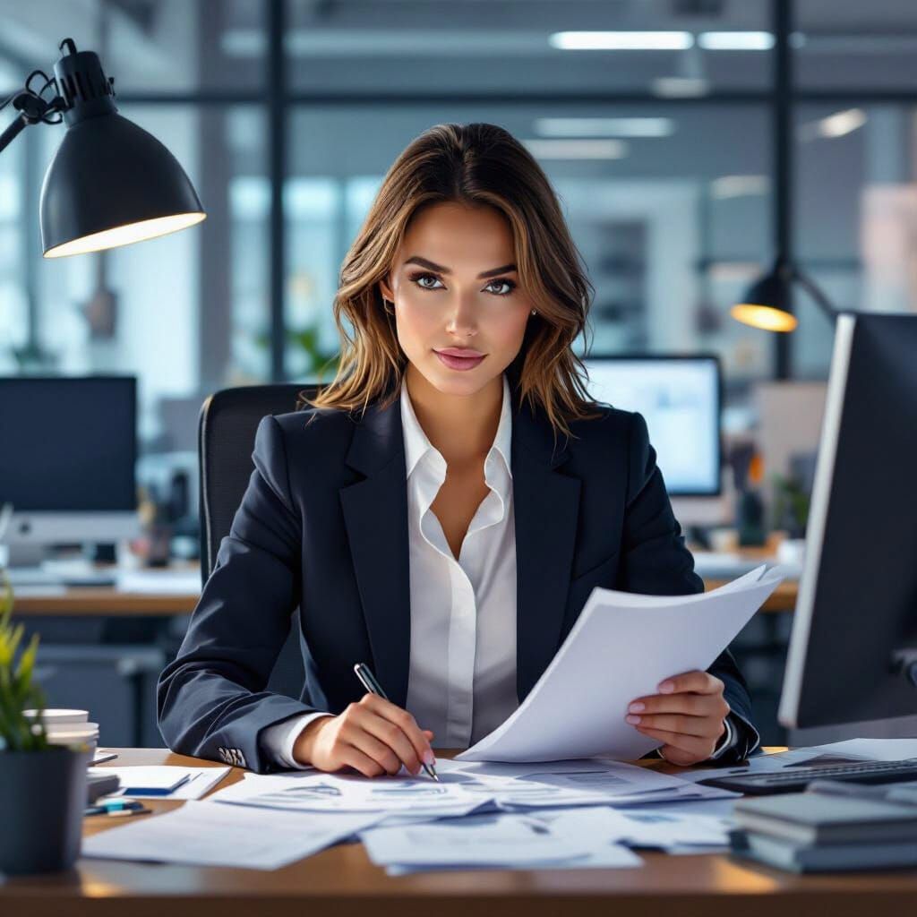 Professional Woman Working at Desk, Digital Art