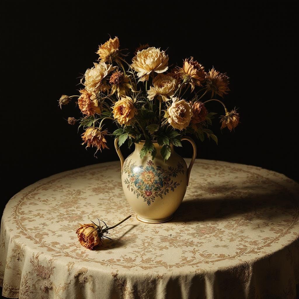 Photorealistic Vase with Flowers in Golden Light