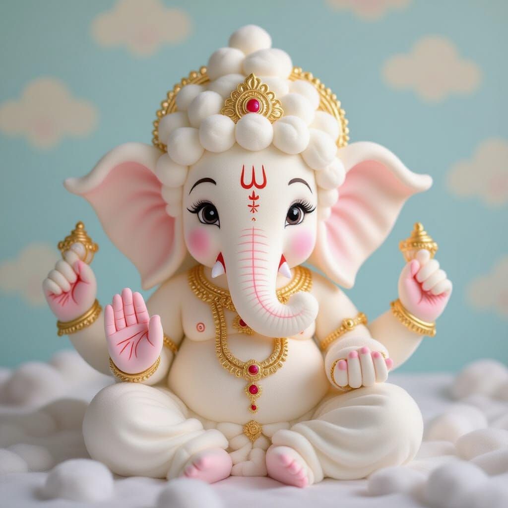 Fluffy Cotton Lord Ganesha in Kawaii Style