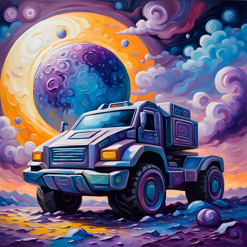 Futuristic Robot Cybertruck on the Moon as Impasto Painting