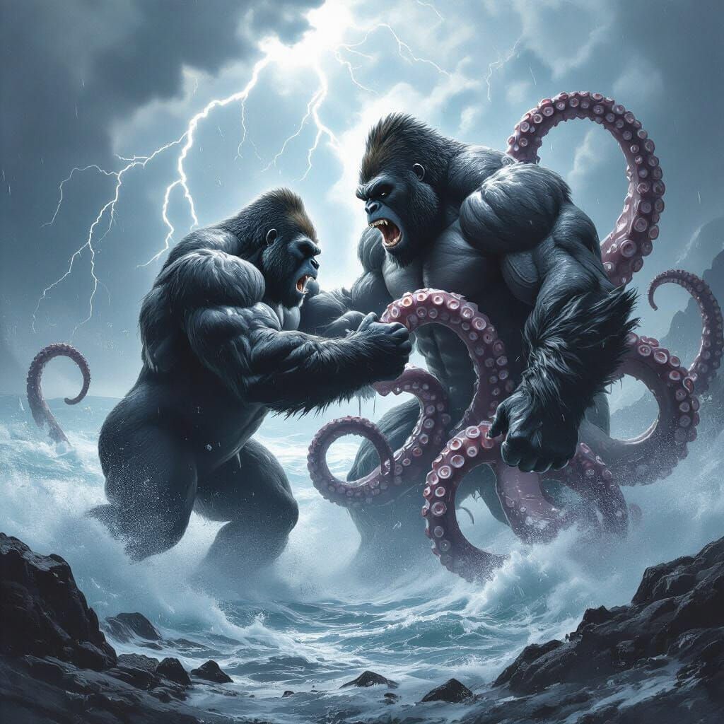 Gorilla vs. Kraken Epic Battle Dark Fantasy Art