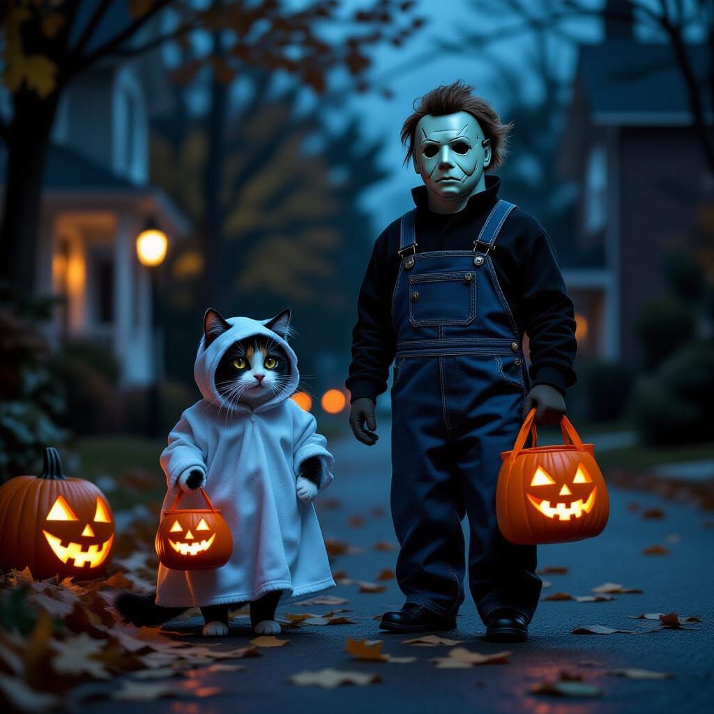 Tortoiseshell Cat Trick-or-Treats with Michael Myers