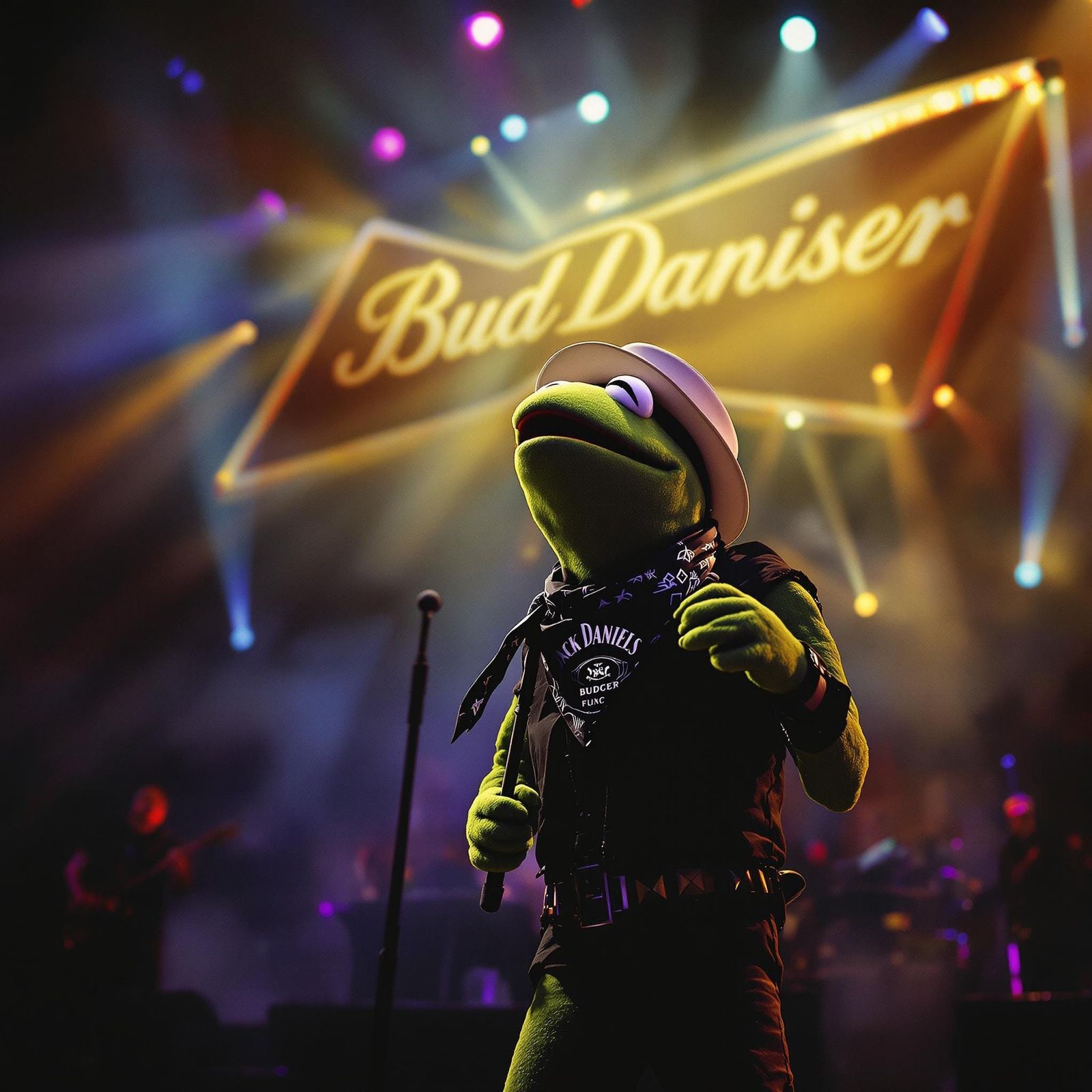 Frog in Fedora Performs on Smoky Concert Stage with Rainbow...