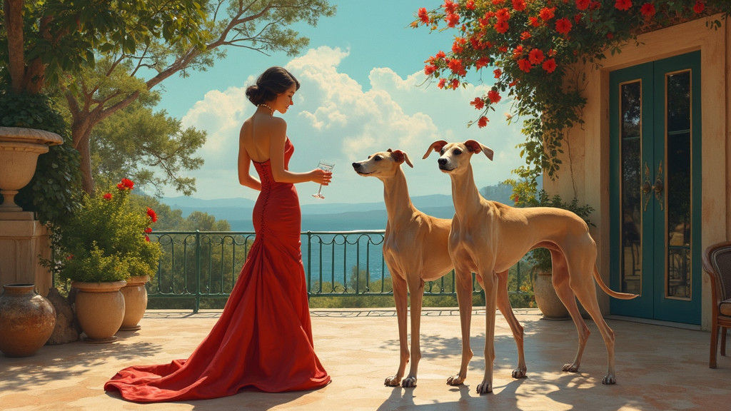 Elegant Chatelaine with Greyhounds, Oil on Canvas