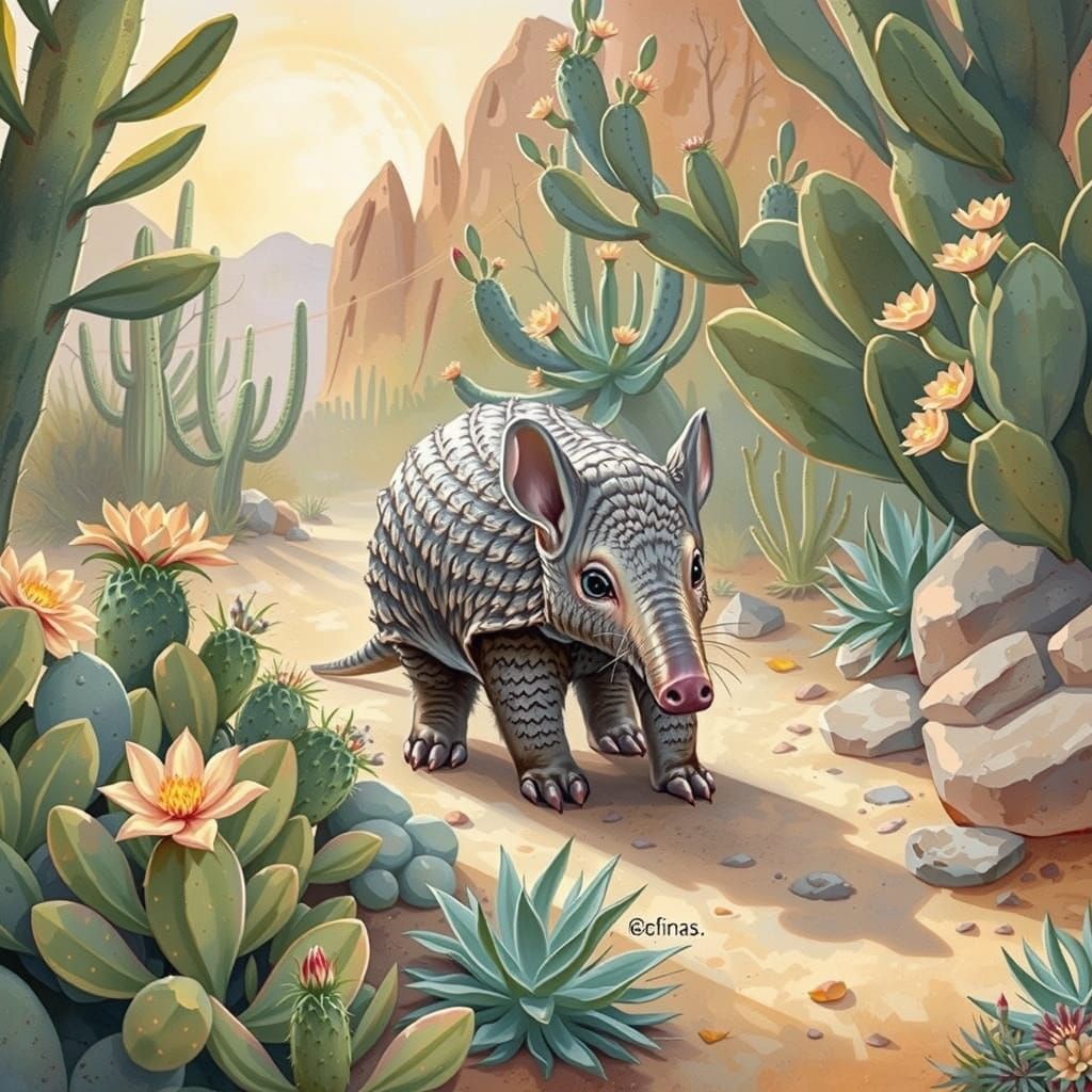 Whimsical Watercolor Illustration of a Baby Armadillo in a D...
