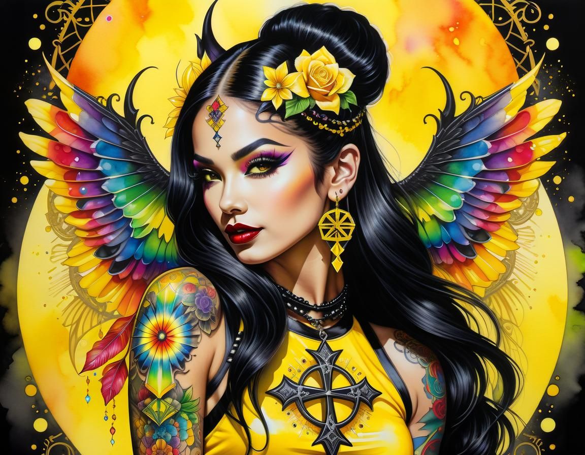 Gothic Pinup Tattoo in Watercolor with Yellow Energy