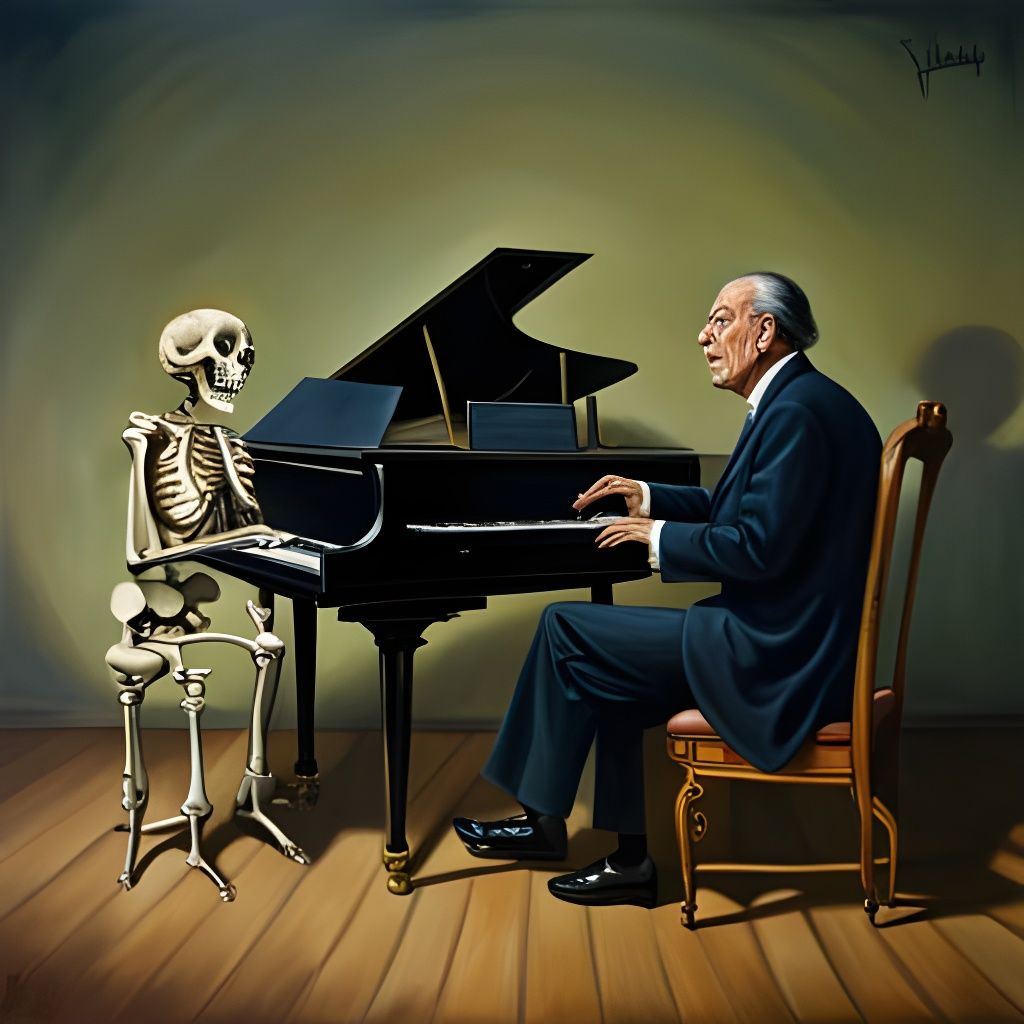 Skeleton Pianist: A Surreal Oil Painting