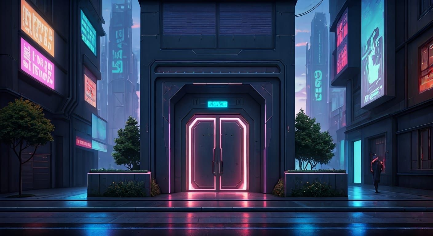 Futuristic Townhouse Plaza with Neon Accents