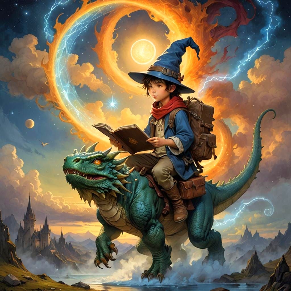 Wizard Child Rides Magic Dragon: Fantasy Art