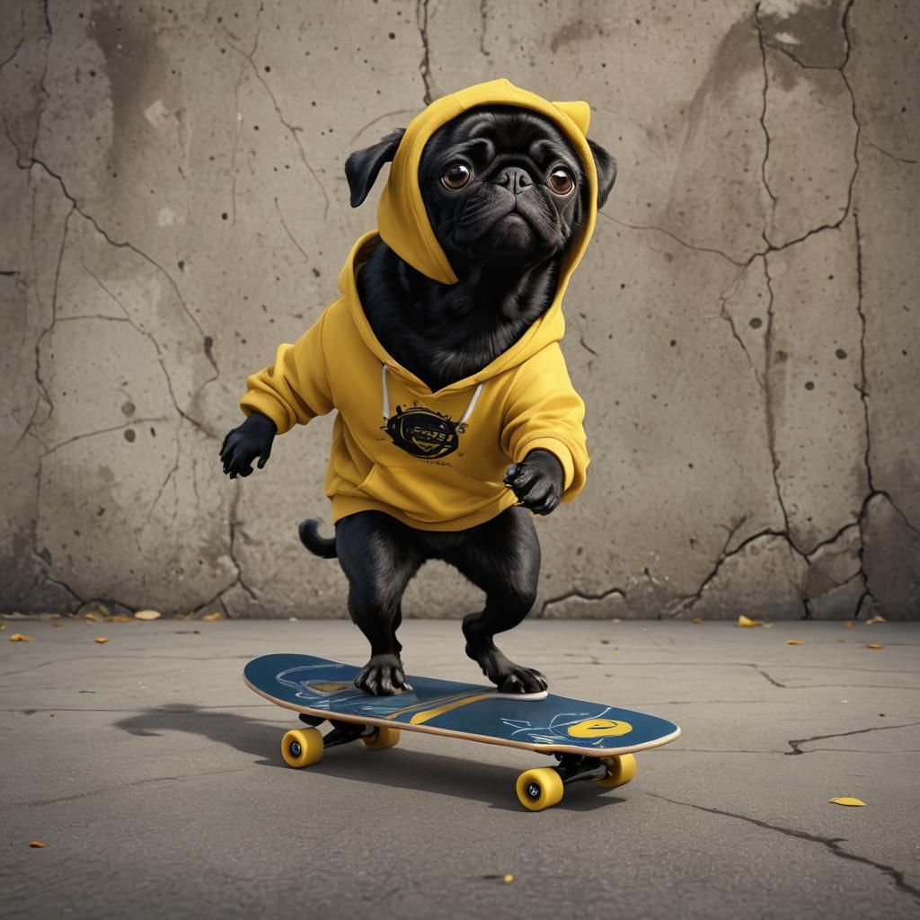 Pug Skateboarder in Detailed Digital Painting
