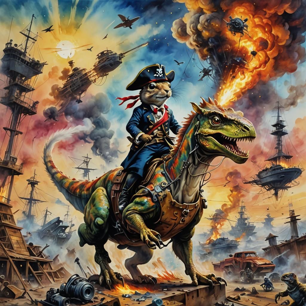 Pirate Squirrel Rides T-Rex in Surreal Watercolor