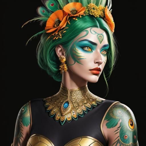 Metallic Woman with Peacock Feathers, Comic Art