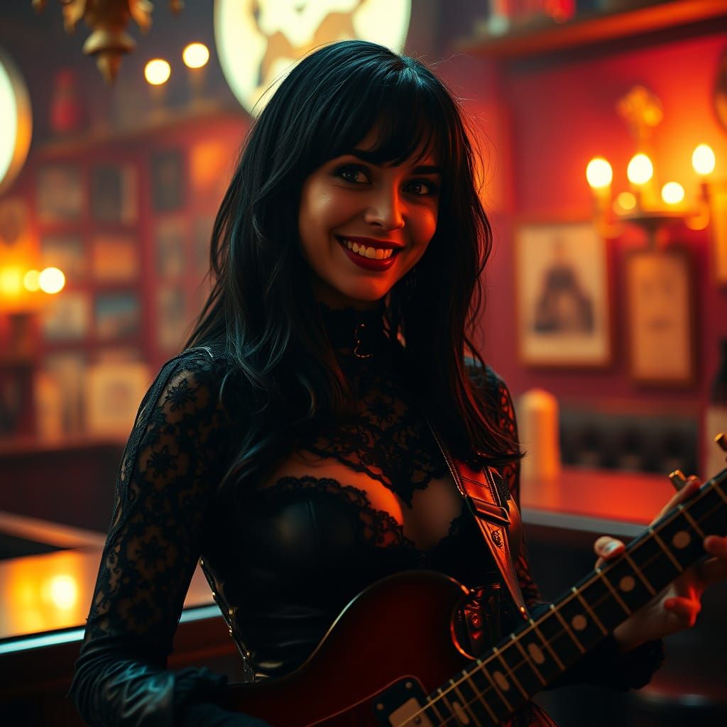 Gothic Goddess Rocks Out in Dimly Lit Bar